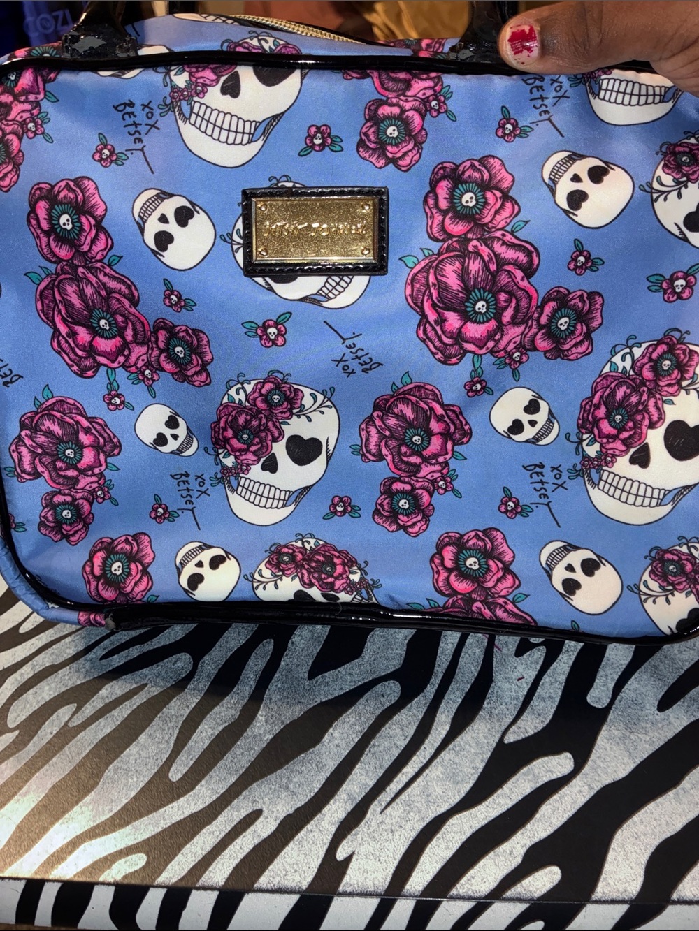 Betsey Johnson Blue Cosmetic Bag with Pink Floral Skull Print